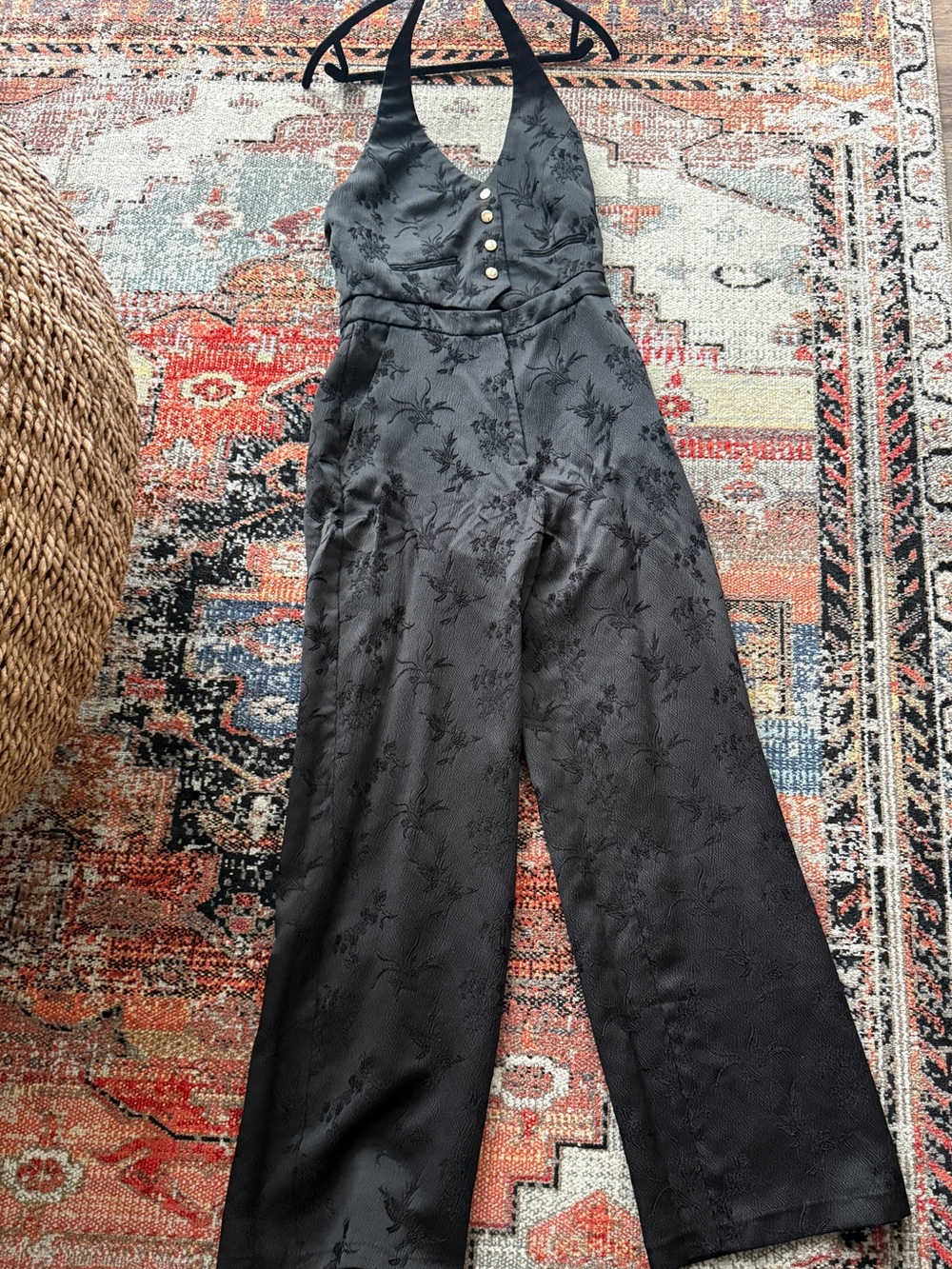 Zara Black Halter Jacquard Wide-Leg Jumpsuit with Button Front